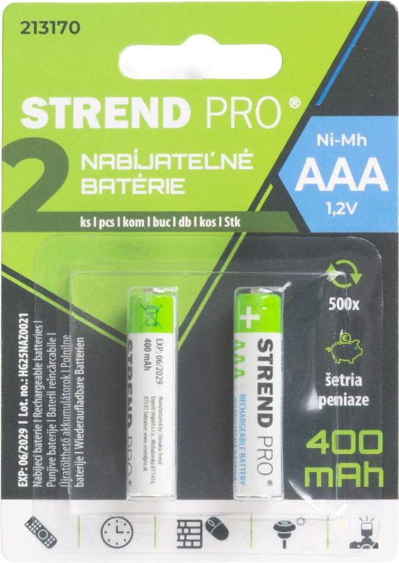 Batéria Strend Pro, nabíjateľná, tužková, AAA, 400 mAh Ni-Mh, bal. 2 ks