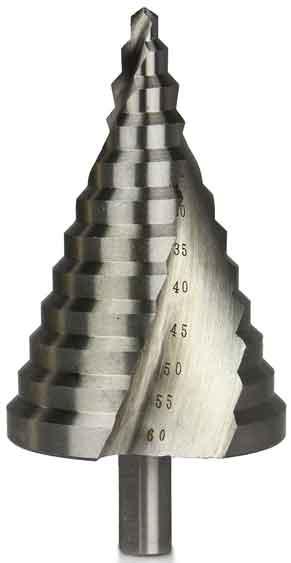 Vrták stupňovitý špirálový 6-60 mm do plechu, HSS4241 krok 5mm, stopka 12 mm, MAR-POL