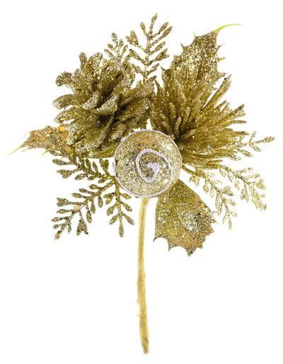 Vetvička MagicHome Vianoce, so šiškou, zlatá 15 cm