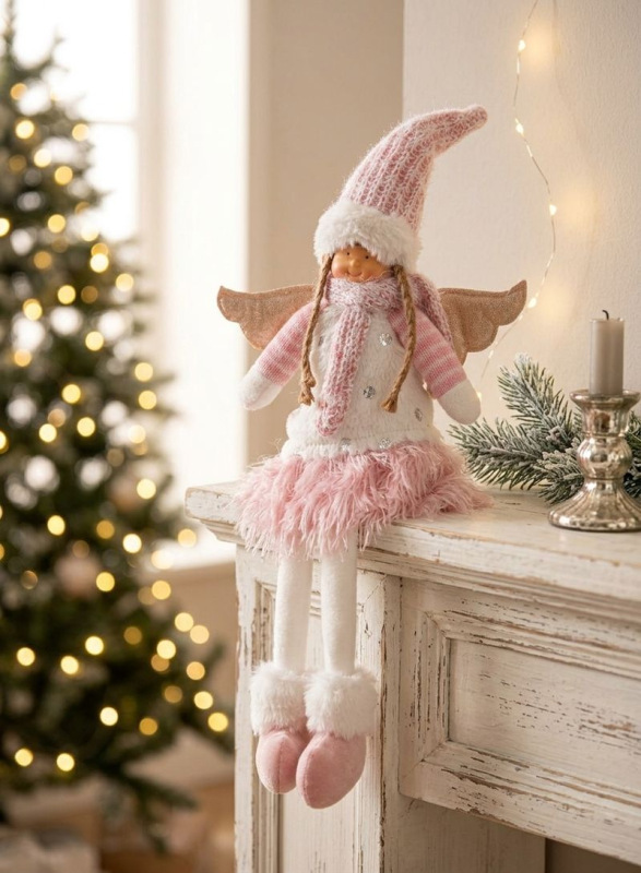 Postavička MagicHome Vianoce, Anjelik s ružovou krátkou sukňou, látkový, ružovo-biely, 23x12x59 cm 1