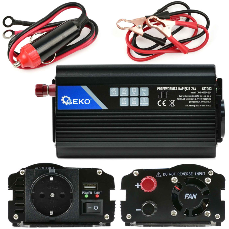 Menič napätia, vstup 24V/ výstup 230V, trvalý výkon 350W/nárazový výkon 700W,, GEKO 1