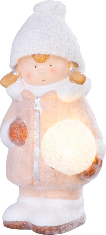 Postavička MagicHome Vianoce, Dievčatko so snehovou guľou, 1 LED, keramika, 14x13x25 cm