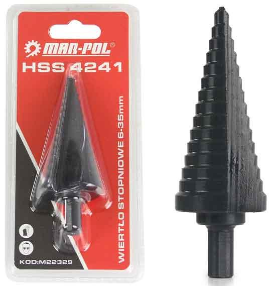 Vrták stupňovitý 6-35 mm do plechu, HSS4241 krok 2mm, rovná drážka, MAR-POL