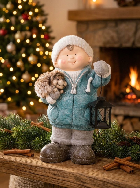 Postavička MagicHome Vianoce, Chlapček s lampášom a ježkom, keramika, 23x20x39,5 cm 1