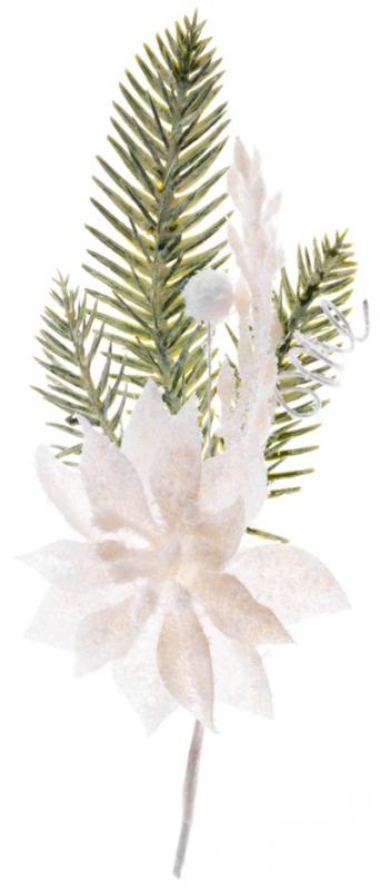 Vetvička MagicHome Vianoce, s kvetom poinsettia, biela, 23 cm