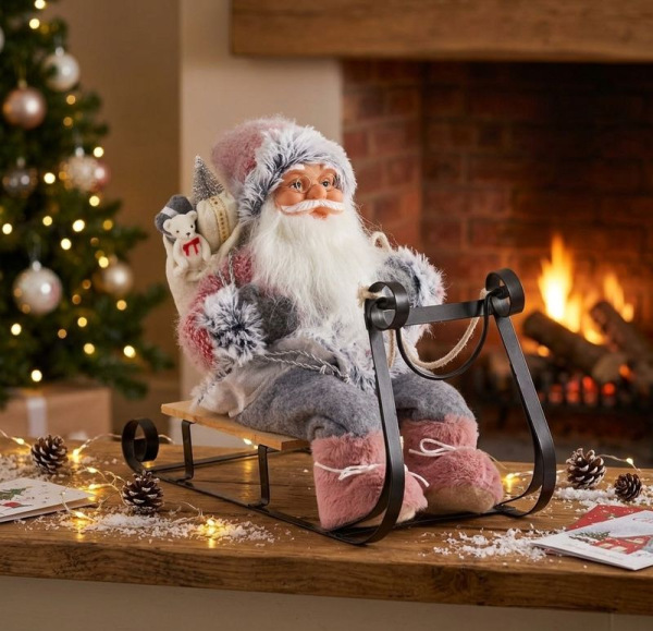 Dekorácia MagicHome Vianoce, Santa na sánkach, sivo - ružový, 46 cm 1