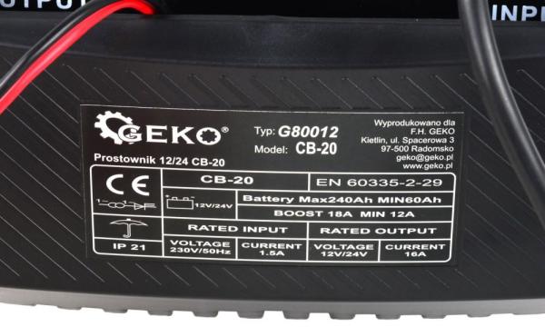 Nabíjačka autobatérii CB-20, 230 V, 12/24 V, poistka 18A, intenzita prúdu 16A