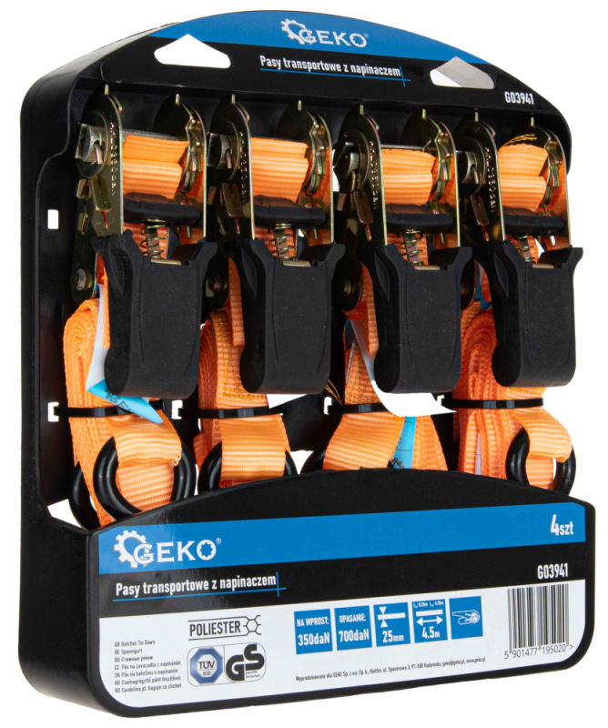 Remeň upínací s račňou 700 kg, sada 4 ks, 25 mm x 4,5 m, GEKO 2
