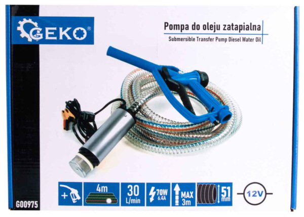 Čerpadlo na olej s 4 m hadicou a pištoľou, 12 V, priemer čerpadla 51 mm, GEKO 10