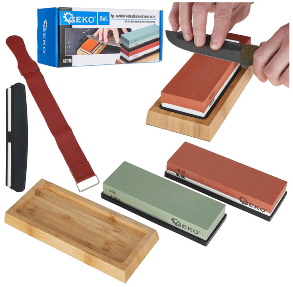 Sada brúsnych kameňov s vodiacou lištou a koženým pásom, zrnitosť 400-8000, GEKO