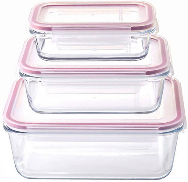 Dóza MagicHome, sada 3 ks, sklenená, sklo, štvorcová, s vekom, 450/1000/1900 ml