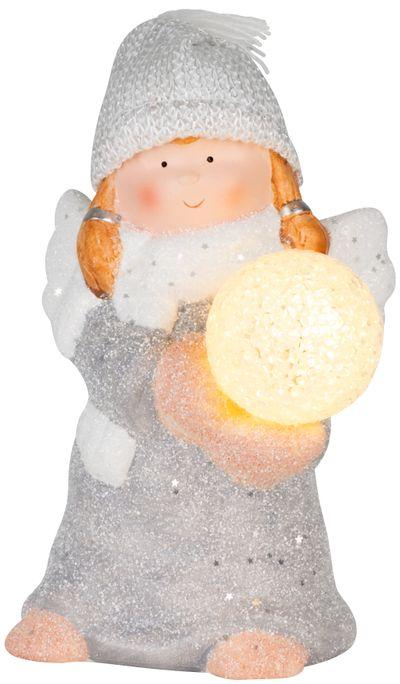Postavička MagicHome Vianoce, Anjel so snehovou guľou, LED, terakota, 13,5x13x20 cm