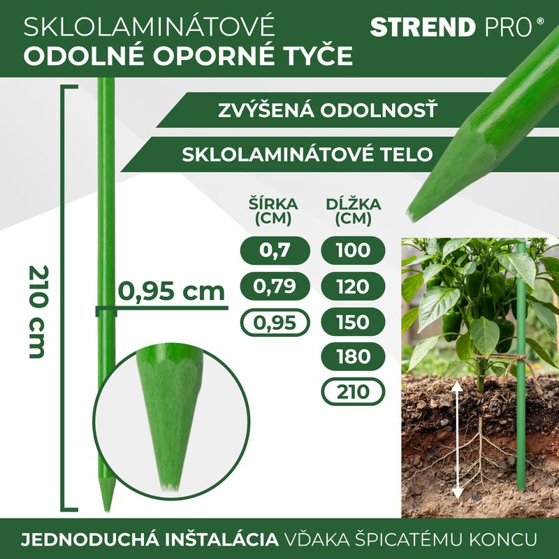 Tyč CountryYard S295, 210 cm, 9.5 mm, zelená, oporná, sklolaminát 2