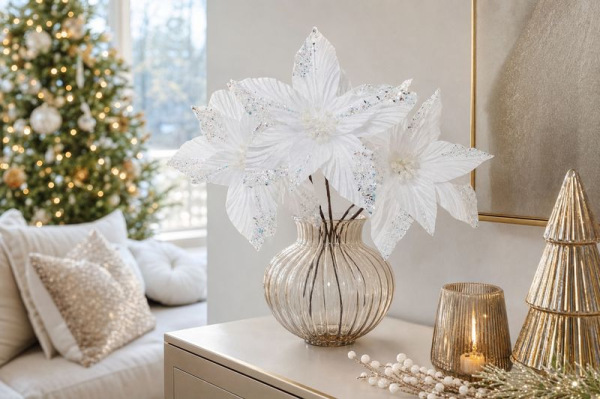 Kvet MagicHome Vianoce, poinsettia, biely, 20 cm, veľkosť kvetu: 21 cm 1