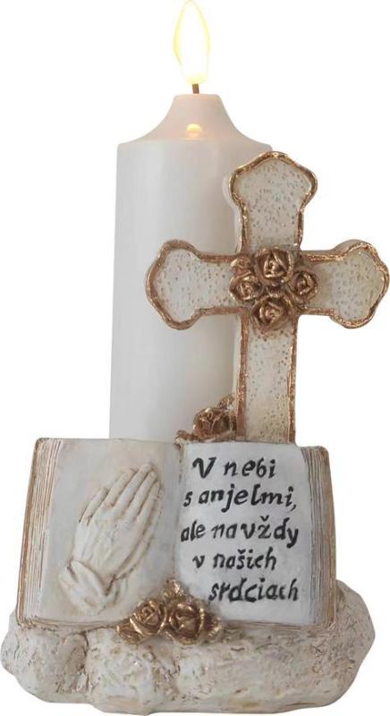 Dekorácia MagicHome, Kríž so sviečkou, LED, polyresin, na hrob, 2xAA, 11,5x11,5x18 cm