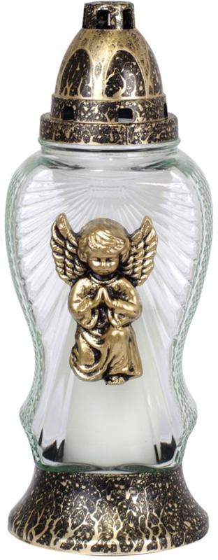 Kahanec Grave, číre sklo, s anjelikom, medeno-zlatý, 40 h, 110 g, výška 28 cm, na hrob