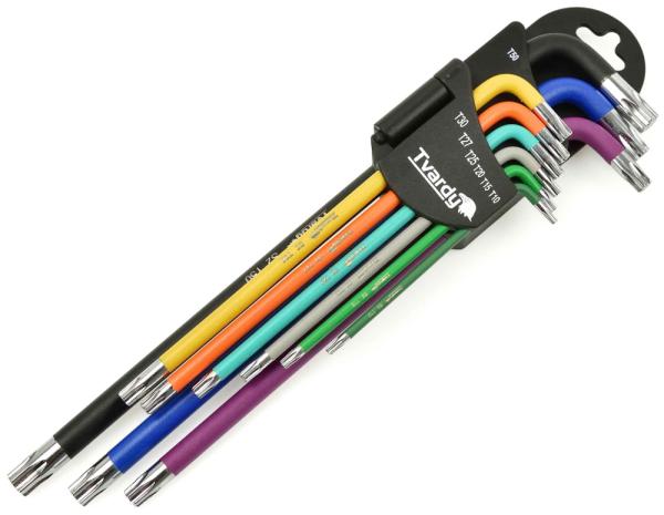 Sada TORX farebných predĺžených kľúčov T10-T50, 9-dielna, S2, TVARDY