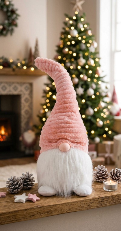 Postavička MagicHome Vianoce, Škriatok s krátkymi nohami, látkový, ružovo-biely, 20x19x58 cm 1