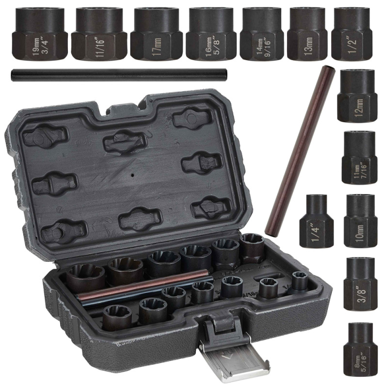 Sada nástrčných hláv na povoľovanie poškodených skrutiek, 6-19 mm, Cr-Mo, 15-dielna, GEKO