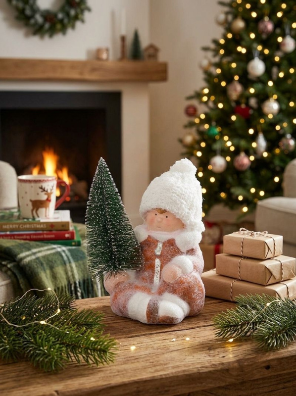 Postavička MagicHome Vianoce, Chlapček so stromčekom, terakota, 14,5x13x17 cm 1