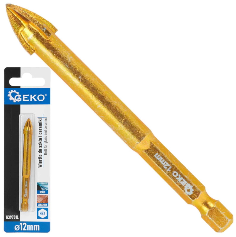 Vrták do skla a keramiky 12 mm, 4-britý, stopka 1/4", GEKO