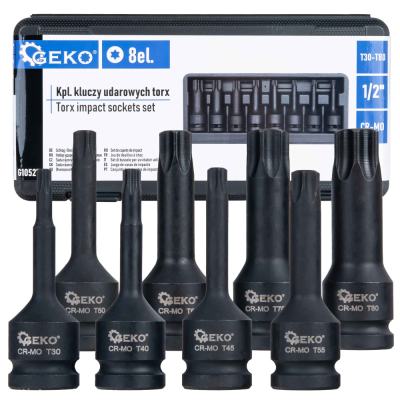 Sada úderových TORX hlavíc 1/2", T30 - T80, 8-dielna, GEKO