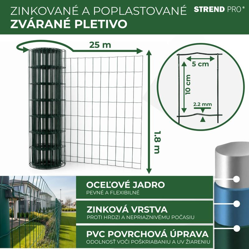 Pletivo EUROPLAST 1, 1800/100x50/2,20 mm, zelené, RAL 6005,, Zn+PVC, ohradové, bal. 25 m 2