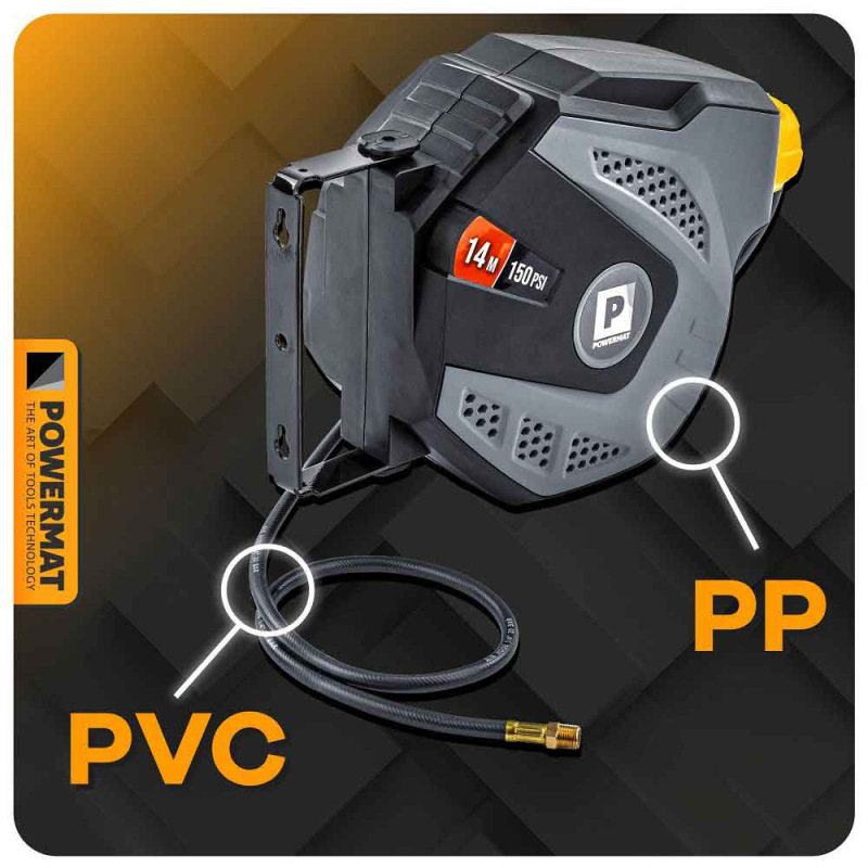 Navíjací bubon s držiakom na stenu s hadicou na vzduch, 6,5 x 10 mm, dĺžka 14 m, POWERMAT 1