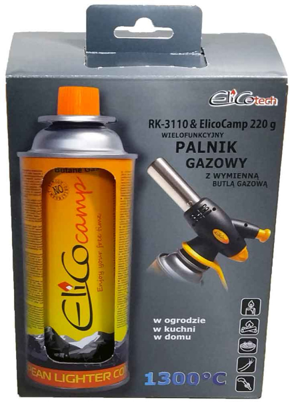 Spájkovacia lampa s piezo zapaľovačom a kartušou 220g, otočný uzáver, ELICO 3