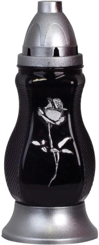 Kahanec Grave, čierne sklo, s ružou, strieborný, 40 h, 110 g, výška 26,5 cm, na hrob