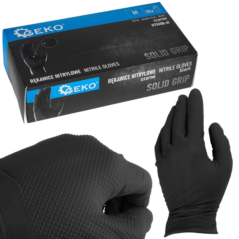 Rukavice nitrilové čierne, sada 50ks, veľkosť M, SOLID GRIP, GEKO