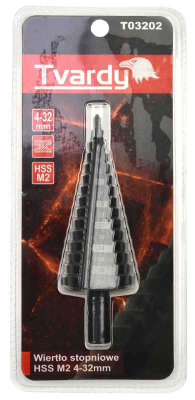 Vrták stupňovitý 4-32 mm do plechu, HSS M2 TiAIN krok 2mm, rovná drážka, TVARDY 2