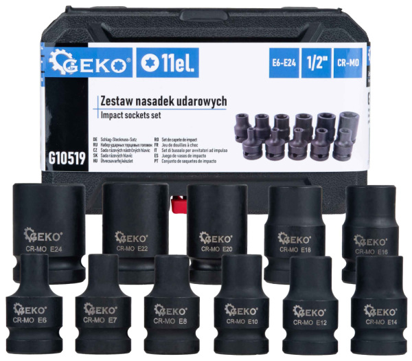 Sada 1/2" úderových hlavíc torx E6-E24, 11-dielna sada v kazete, GEKO