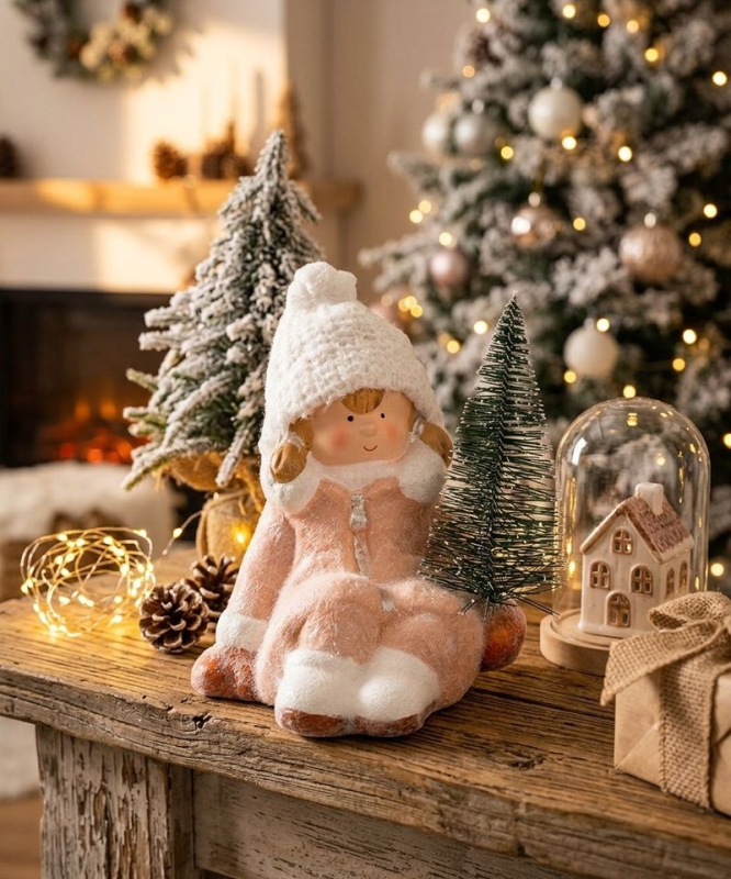 Postavička MagicHome Vianoce, Dievčatko so stromčekom, terakota, 14,5x13x17 cm 1