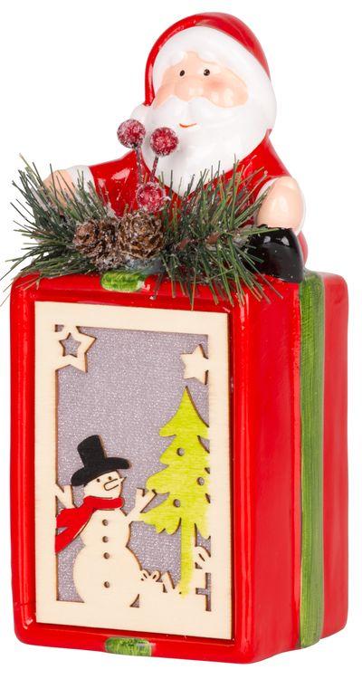 Dekorácia MagicHome Vianoce, Darček so santom, LED, terakota, závesný, 9x8x17,7 cm