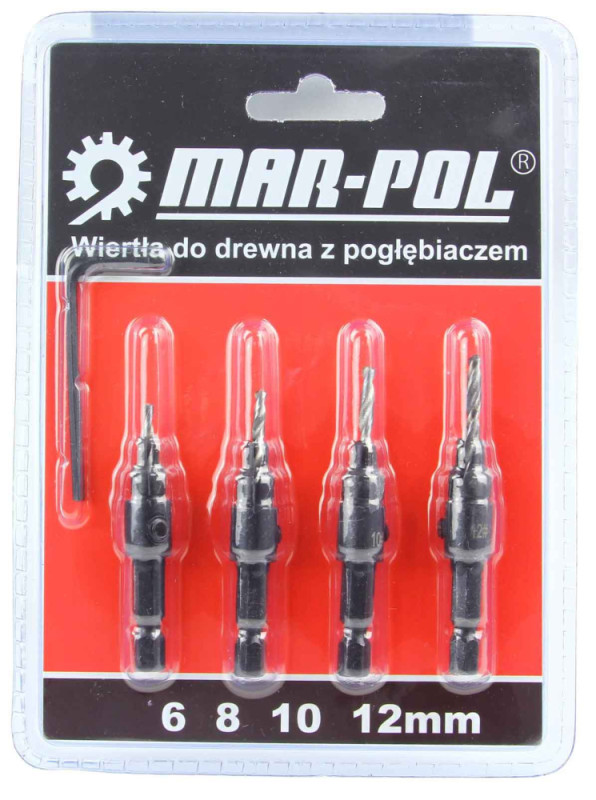 Sada záhlbnikov do dreva s vrtákmi 6,8,10,12 mm, upínanie 6HRAN, MAR-POL 1
