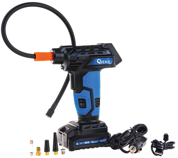 Akumulátorový kompresor 0,2-10,3 Bar, 12V, 1,5Ah batéria, 23l/min, LCD display, GEKO 9
