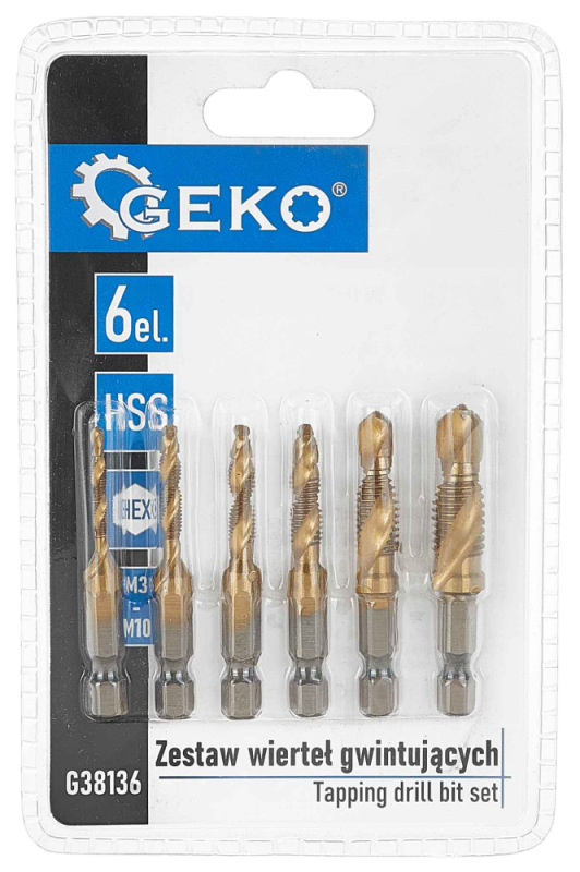 Sada kombinovaných závitníkov s vrtákom M3, 4, 5,6,8,10 HSS, stopka 6HRAN, GEKO 2
