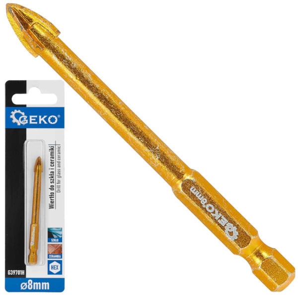Vrták do skla a keramiky 8 mm, 4-britý, stopka 1/4", GEKO