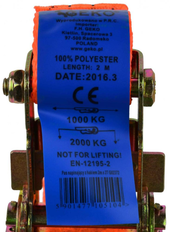 Remeň upínací s račňou 2000 kg, 2 háky, 35 mm x 2 m, GEKO 3