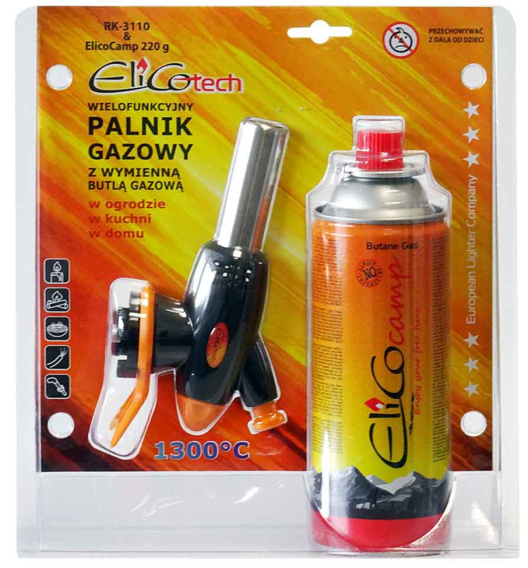 Spájkovacia lampa s piezo zapaľovačom a kartušou 220g, otočný uzáver, ELICO 1
