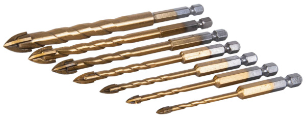 Sada vrtákov do skla a keramiky, 7-dielna, 3-12 mm, 4-brité, špirálová stopka 6 HRAN, GEKO 10