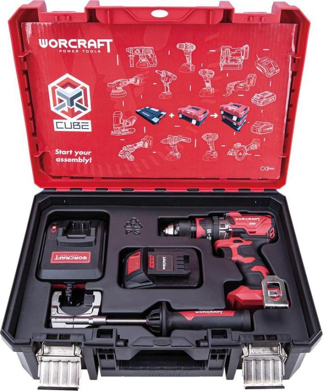 Set Worcraft XCUBE004 ShareSYS Toolbox, bezuhlíkový skrutkovač CHD-S20LiBH, 1x 4.0 Ah akumulátor, 1x